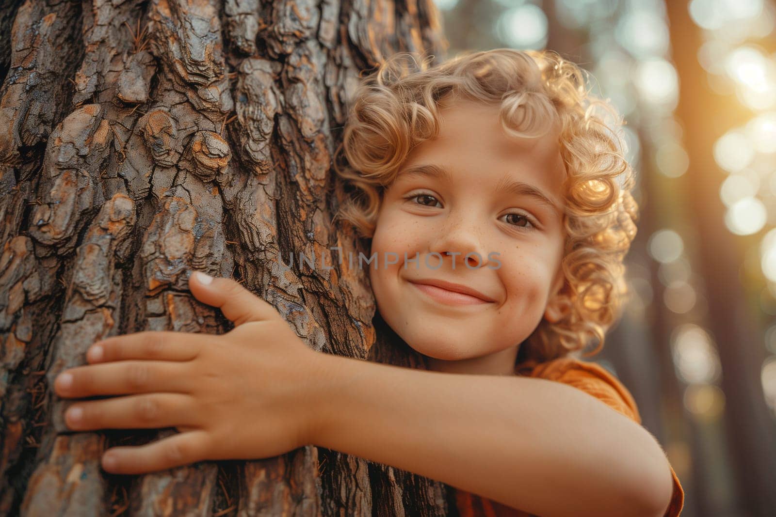 Hugging a tree, embracing a trunk with love and care, protect nature and planet earth, sustainable lifestyle, ecology and environment