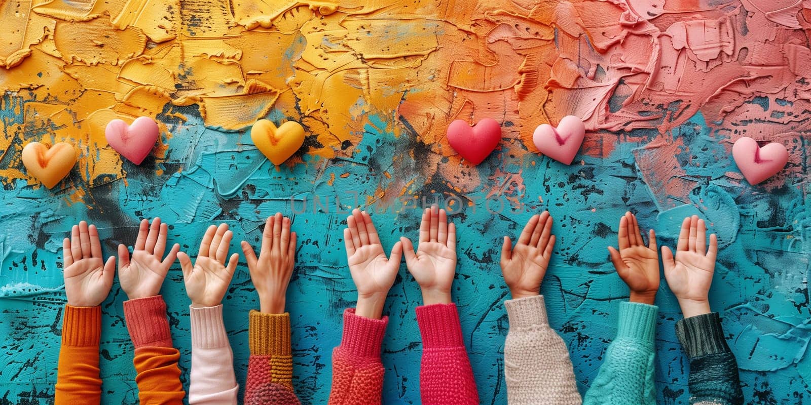 Volenteer and humanitarian help concept, charity and friendship, support teamwork, people reach their hand to colorful hearts on the wall