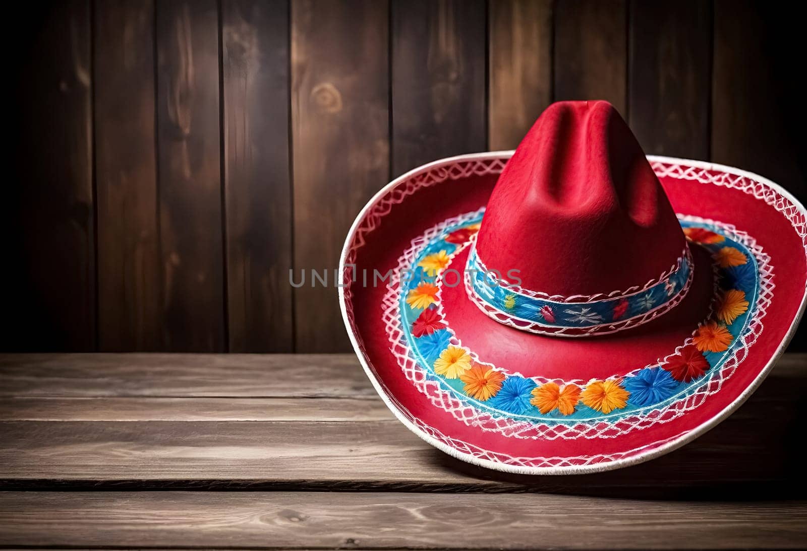 AI generated of red mexican sombrero hat on wooden table