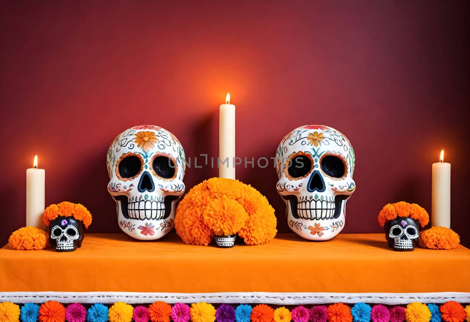 AI generated of four sugar skulls on a table with candles