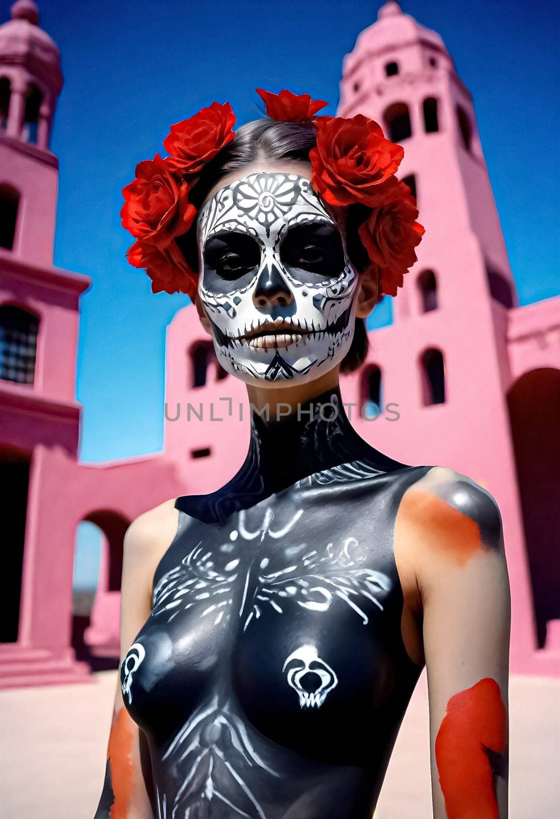 AI generated of a woman in a black dress with a sugar skull face and red roses