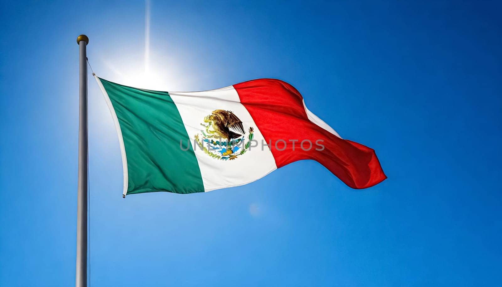 AI generated of mexico flag on the flagpole in the sky with the sun shining through it