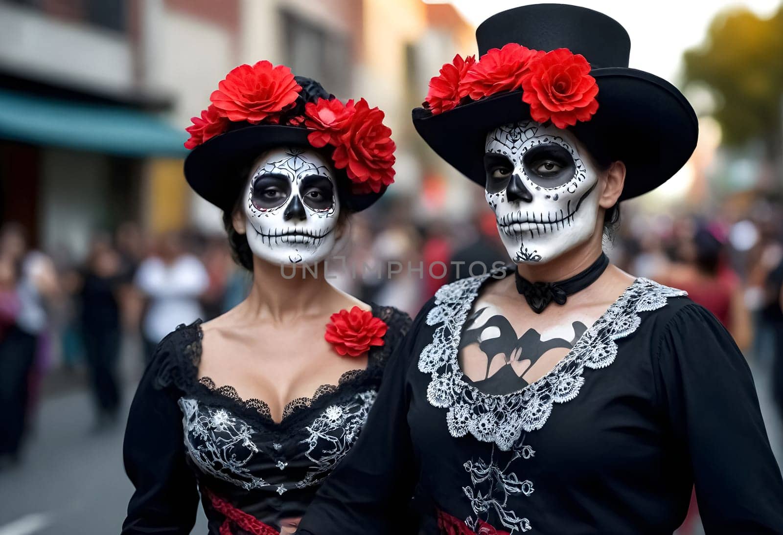 AI generated of two women dressed in day of the dead costumes