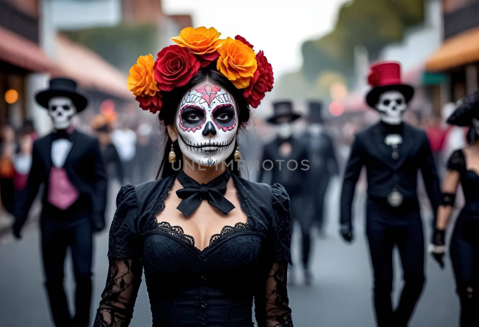 AI generated of a woman in a costume with a sugar skull face painting and flowers on her head is walking in a parade