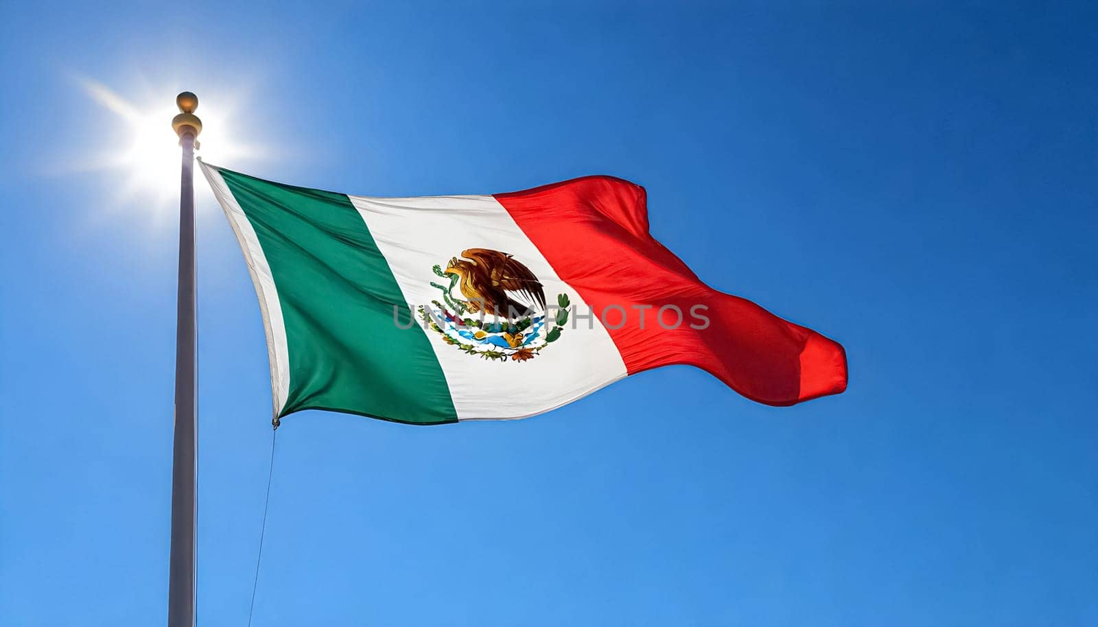 AI generated of mexico's flag on clear blue sky background with sun light