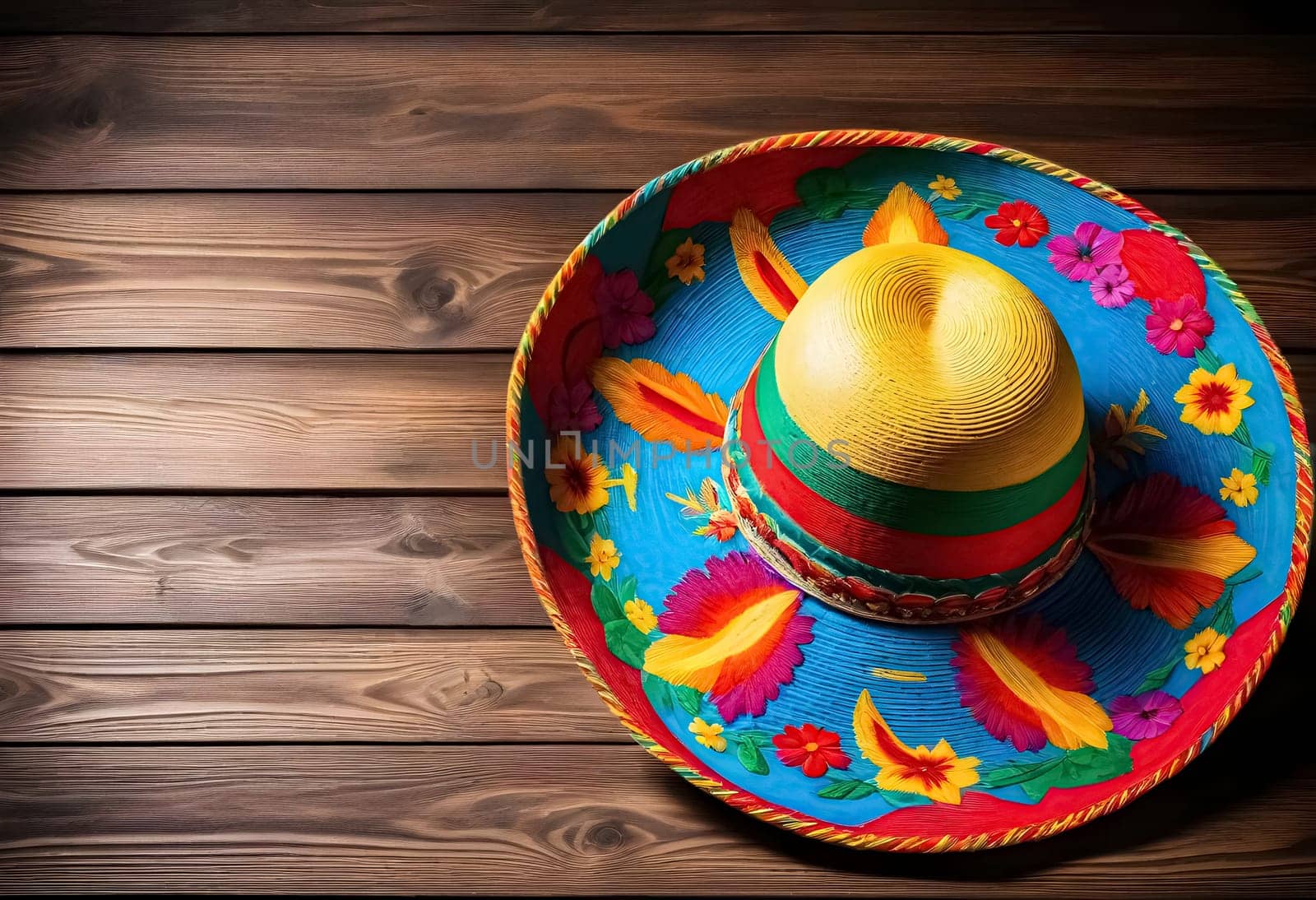 AI generated of a colorful mexican sombrero hat on a wooden table