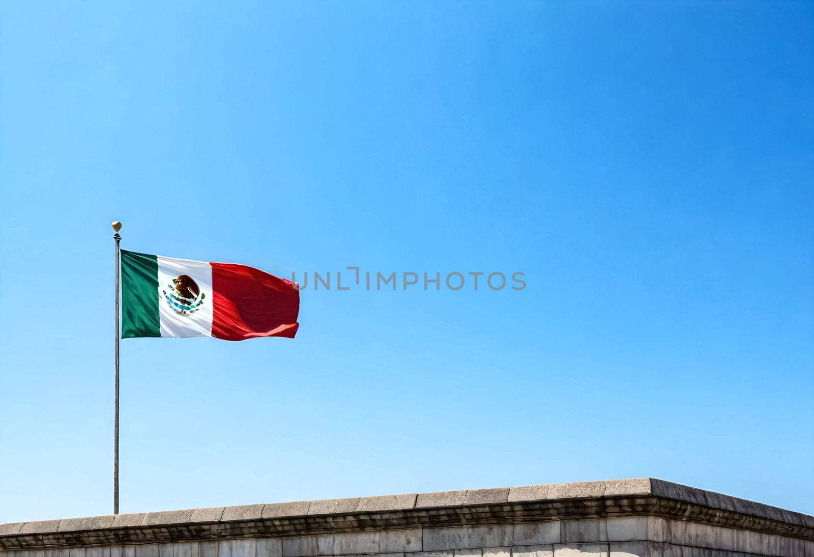 AI generated of mexico flag on a pole waving in a blue sky background