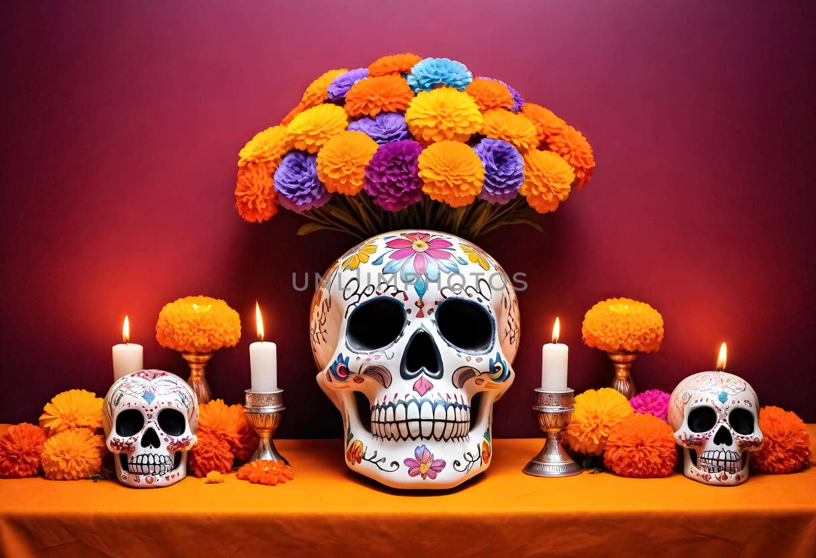 AI generated of day of the dead skulls and flowers on the orange table and red background with candles