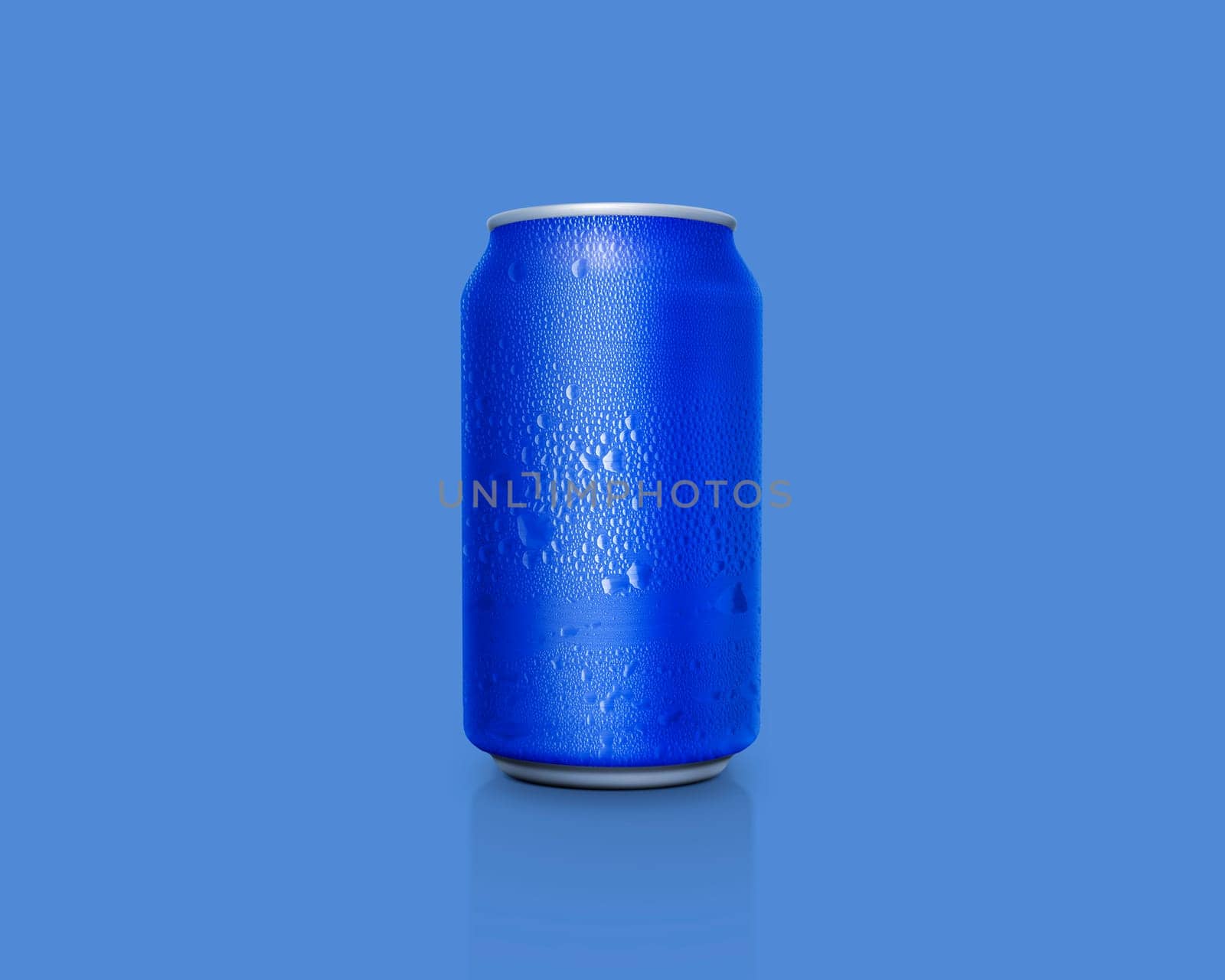 Can of fresh soda with water drops on color background