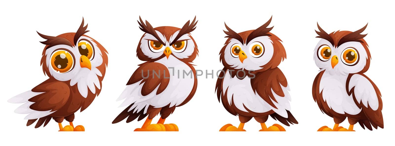 Cute cartoon owl. The owl is brown in color with white feathers. Wild forest birds. Flying creatures.