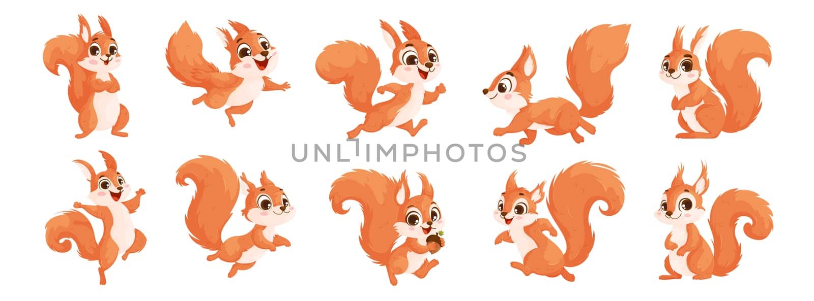 Collection of funny little brown squirrels. Animal emotion. Set of cute cartoon squirrels. Animal cartoon character design.
