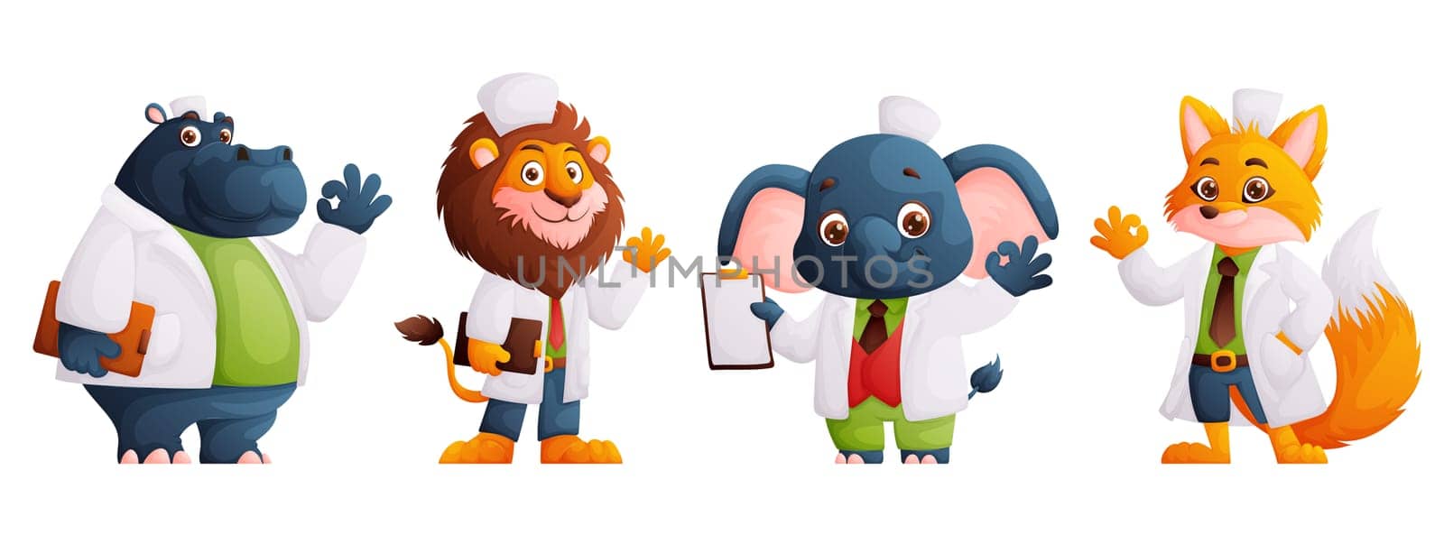 Animal doctors cartoon. Nice characters in medical uniform showing that everything is OK. Lion, Hippopotamus, elephant, fox in the form of a doctor.