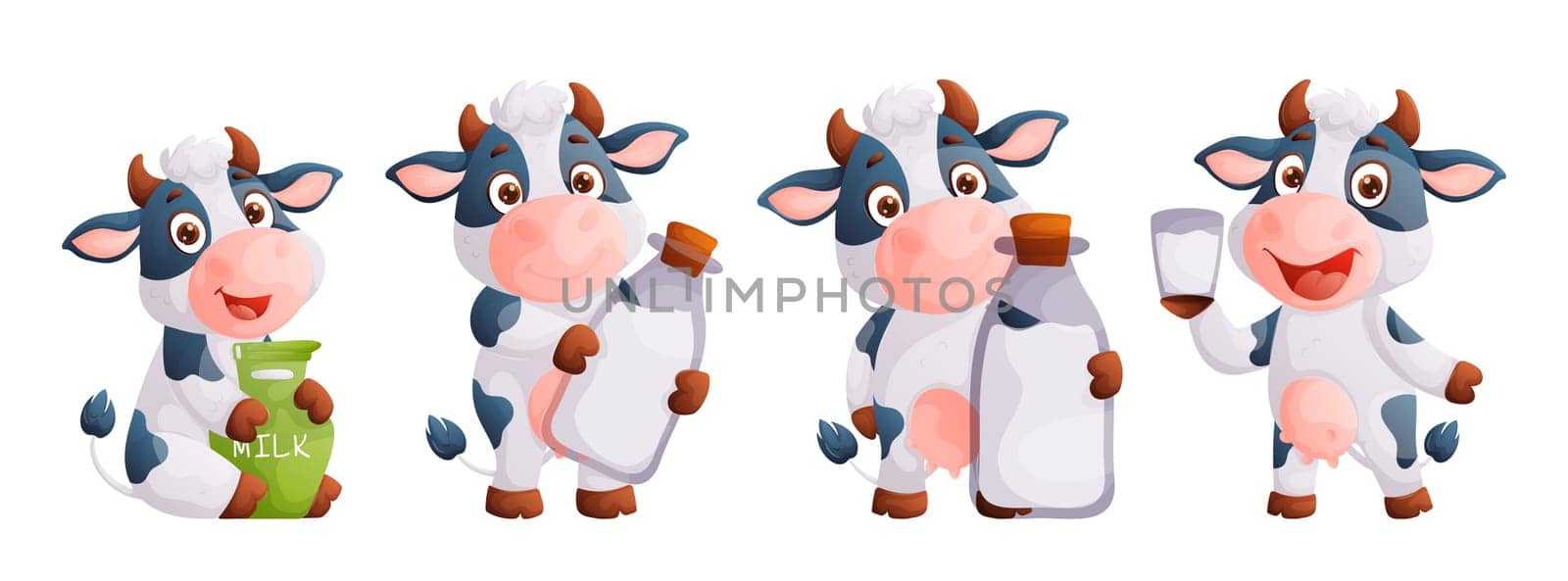 Cow cartoon. Cute farm milk animal character in various actions posing funny mascot vector of a funny cow with a bottle, bottle and glass of milk.