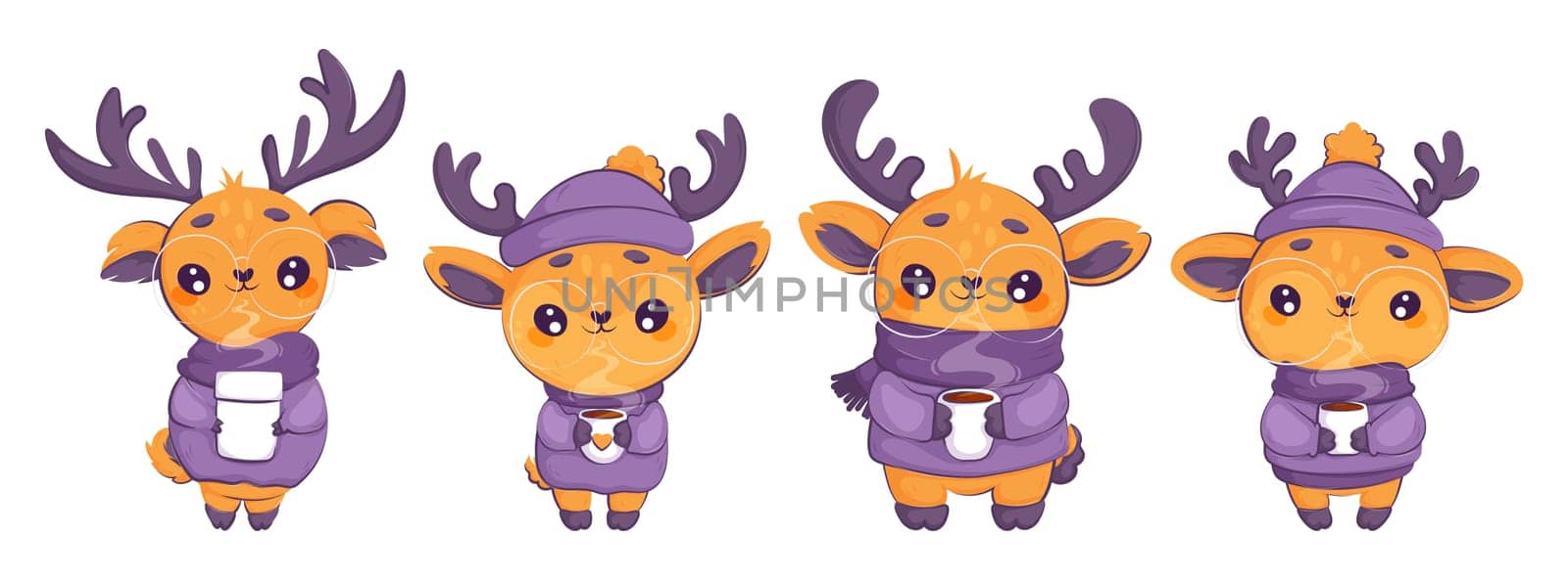 A set of four cute deer in warm clothes holding hot drinks. Kawaii little deer in glasses with a hot cup of cocoa. Cartoon style, orange and purple colors.