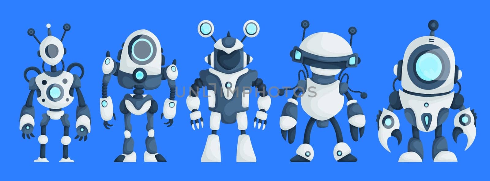 Big Set of Modern Robots Isolated on Blue Background Cute Character Cartoon Artificial Intelligence Concept