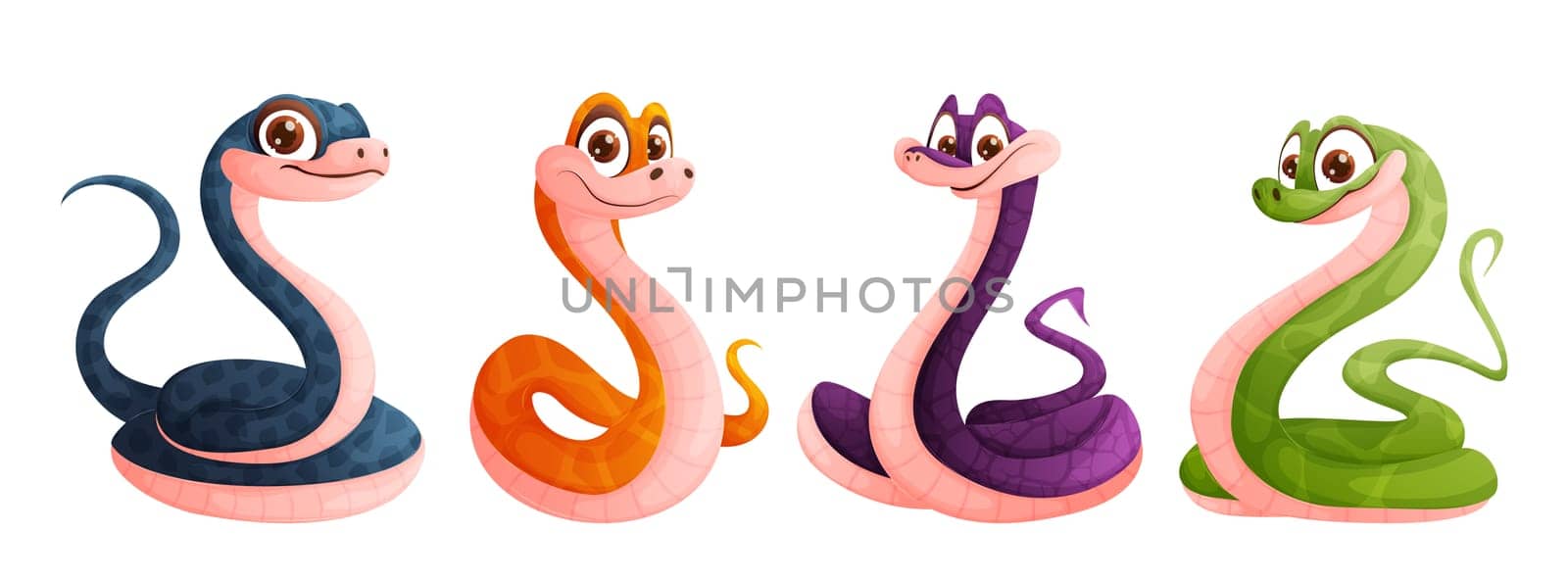 A set of four cute snakes in green, yellow, blue and purple. Funny snake posing. Symbol of the year.