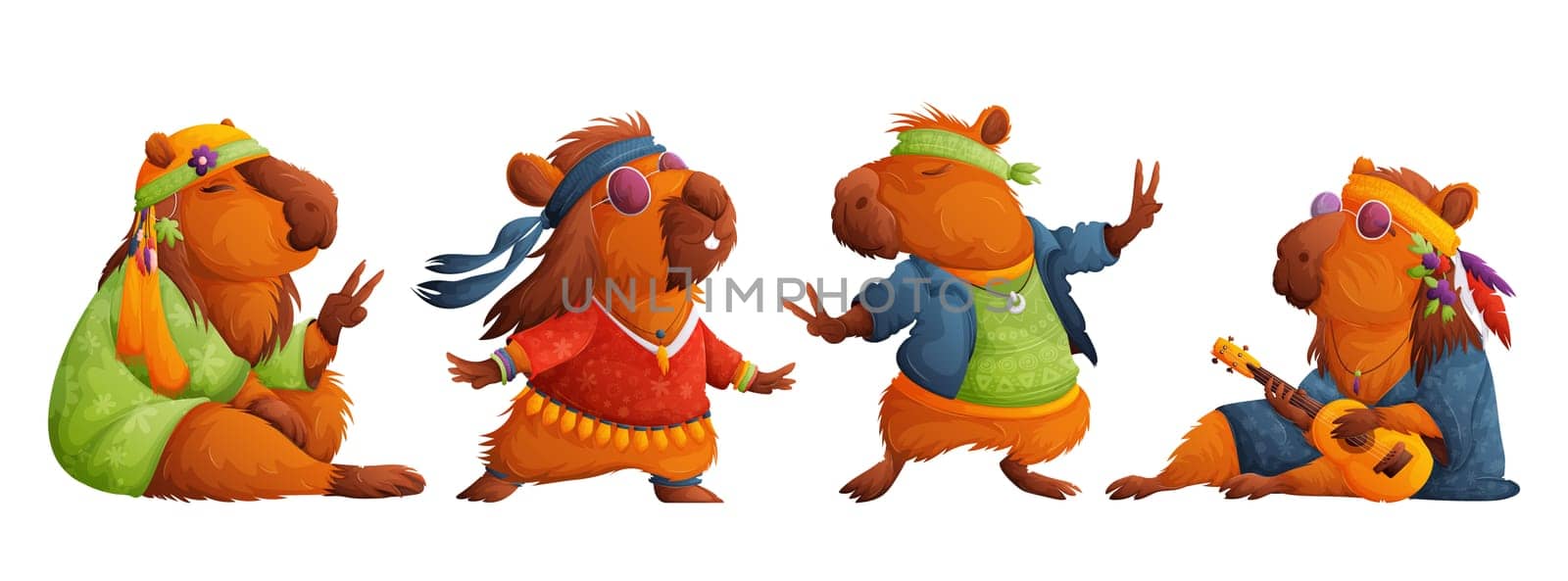 Set of peaceful hippie capybaras. Calm capybara in bright hippie clothes and pink glasses, relaxes, meditates and plays a small ukulele guitar. Cartoon style