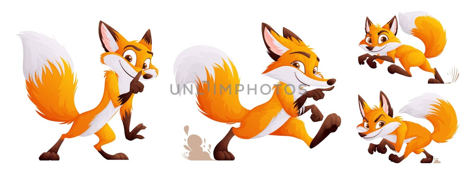 A set of four cunning but cute foxes. Adult foxes in dynamic poses. Wild animals of the forest.