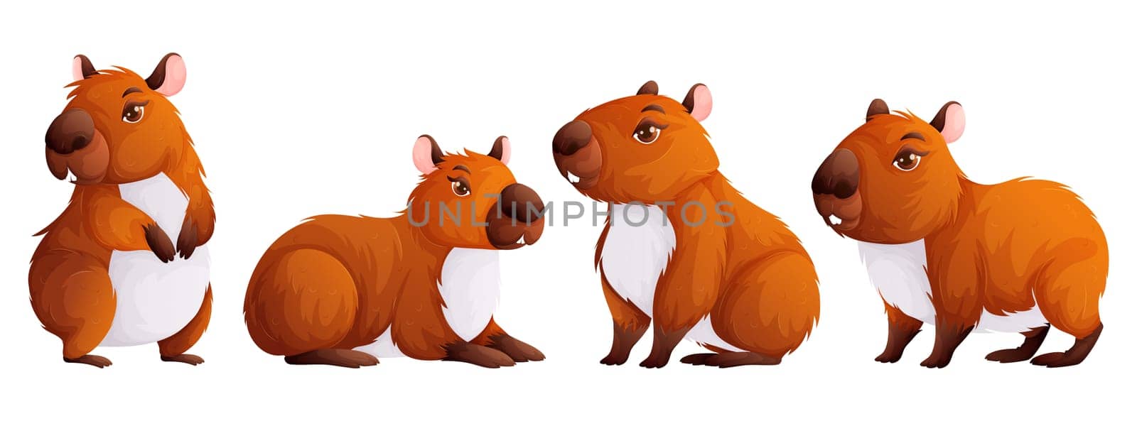 Set of four cute capybaras. Adult capybaras in different poses. Wild animals of South America.