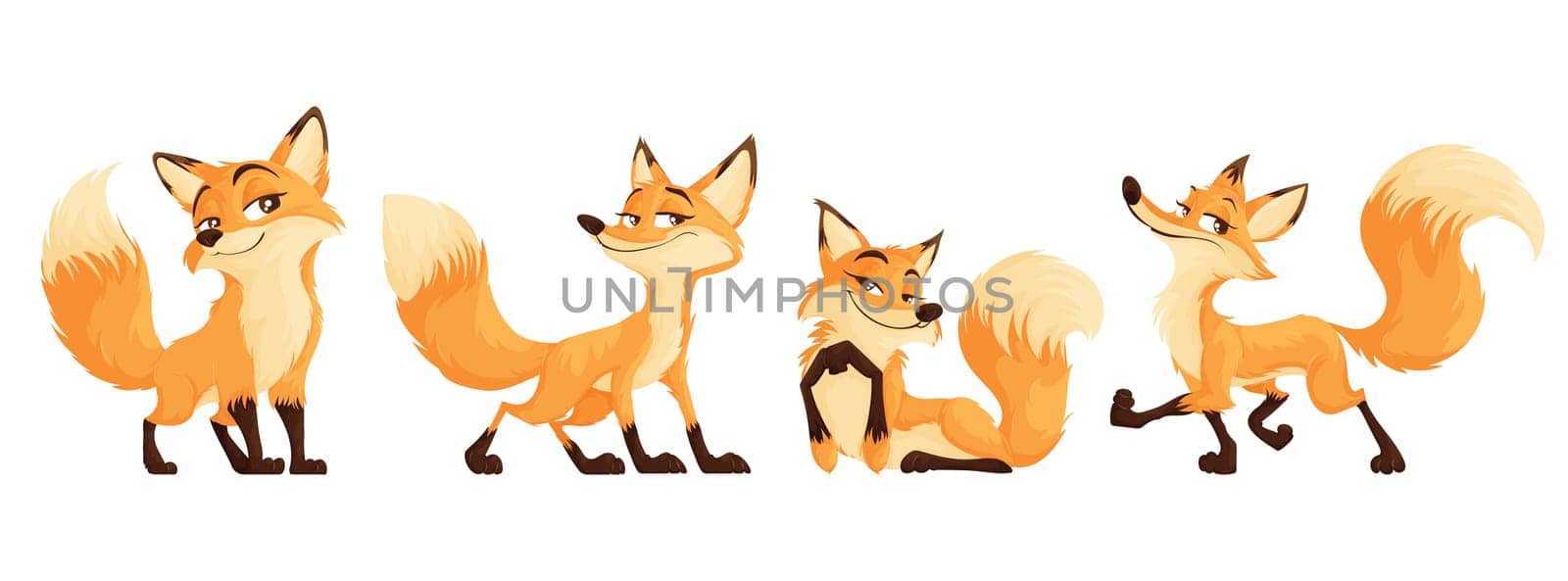 A set of sly foxes. Funny and cunning red fox collection. Animal emotion. Animal character design.