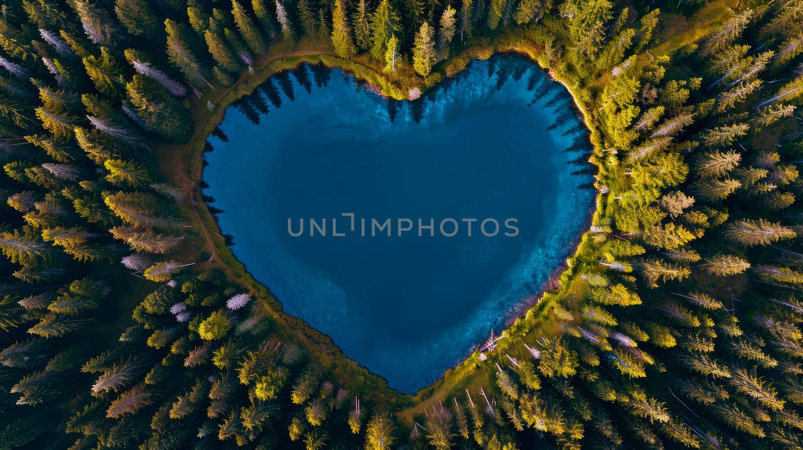 Aerial view of heart shaped lake in the middle of pine tree forest. Concept  of nature conservation,and the protection of forests and woodlands in general. AI generated