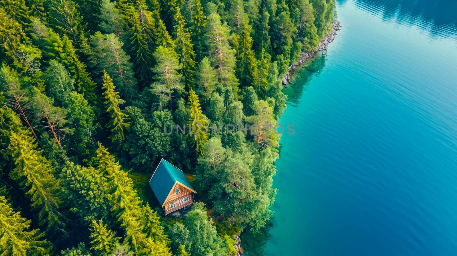 Aerial view of wooden cabin in green pine forest by the blue lake. AI generated