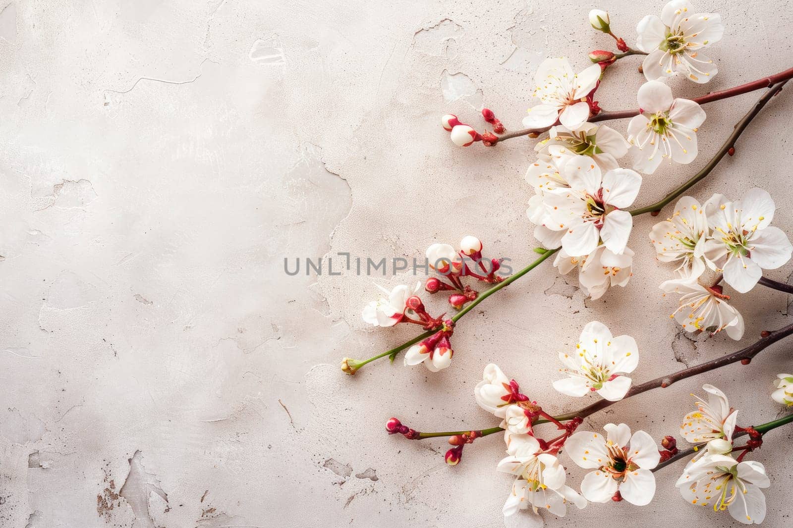 Amazing spring blossom. Cherry tree branches with beautiful flowers on concrete background. AI generated
