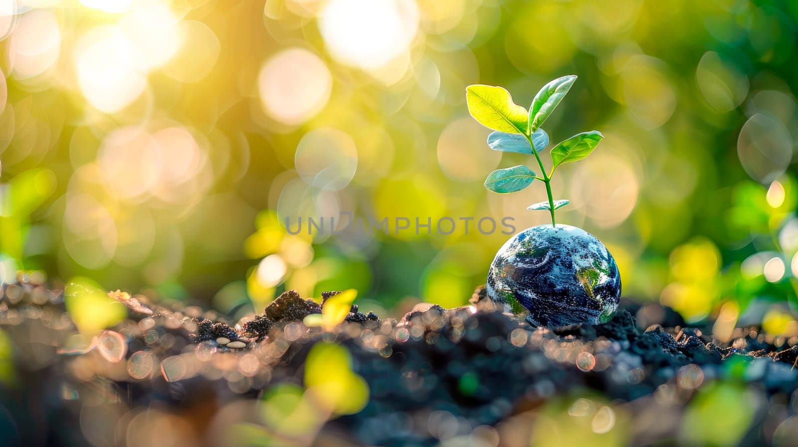 Green young plant growing from an Earth globe. Saving environment, save, protect clean planet and ecology, sustainable lifestyle. AI generated