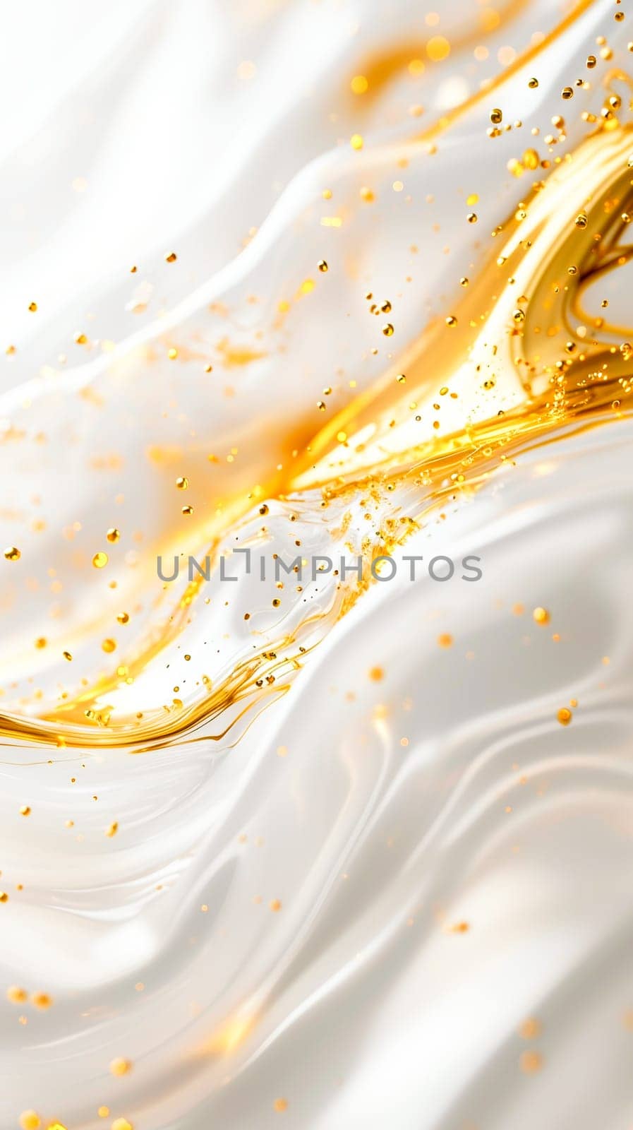Close-up of liquid with gold and white splatters,abstract background