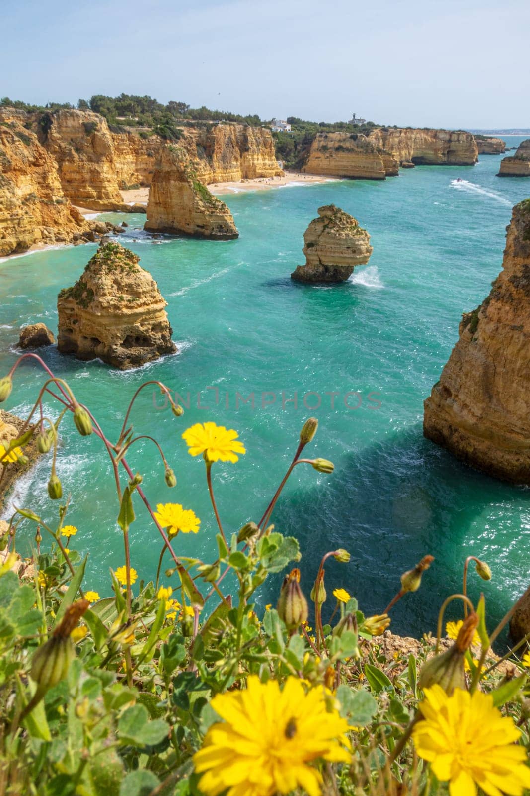 Vertical view over cliffs and ocean near Lagoa in Algarve, Portugal