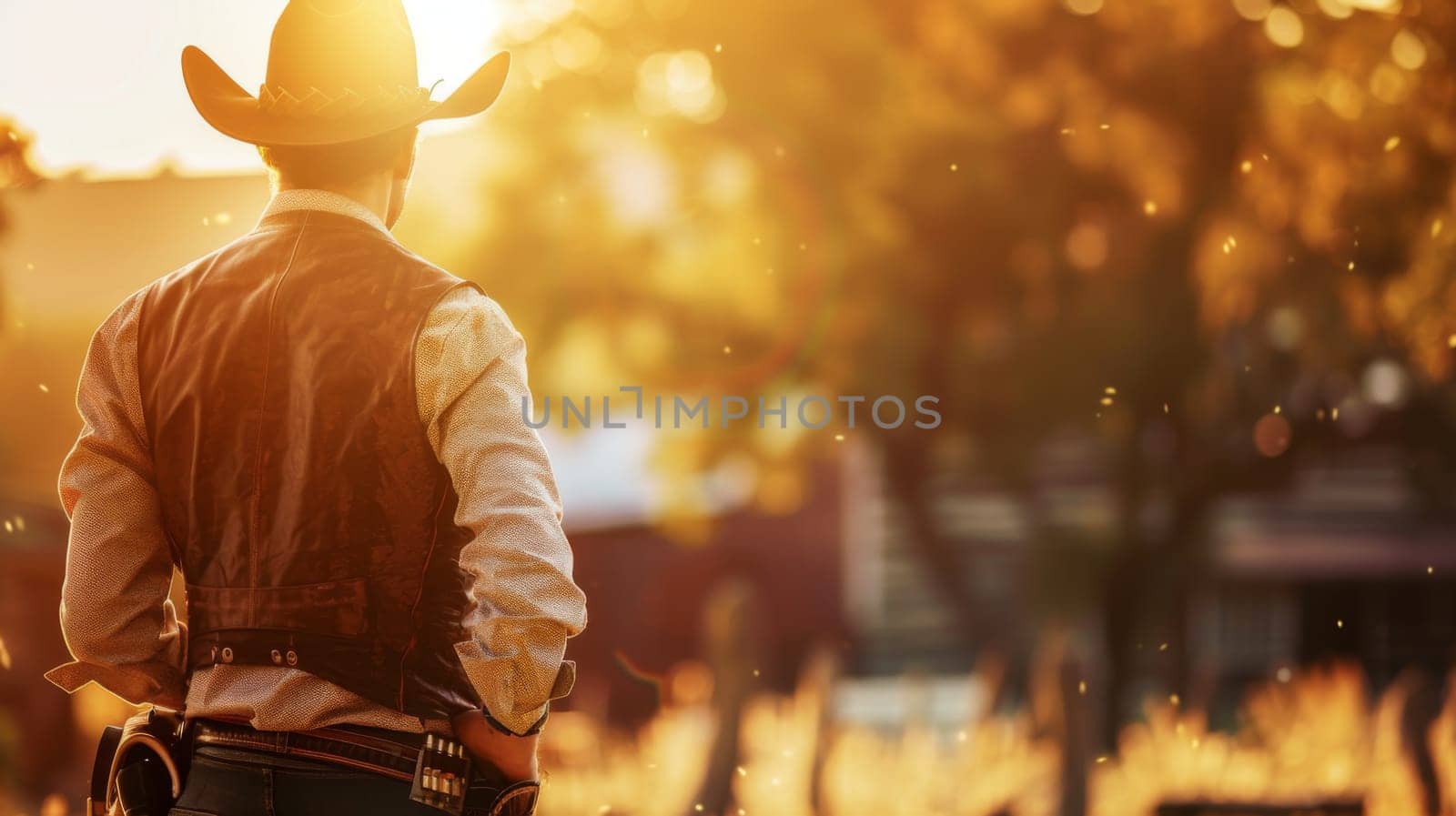 A man wearing a cowboy hat is riding a horse in an open field. The man is guiding the horse with reins as they move together. The horses mane is flowing in the wind, and the scene captures the dynamic action of horseback riding.