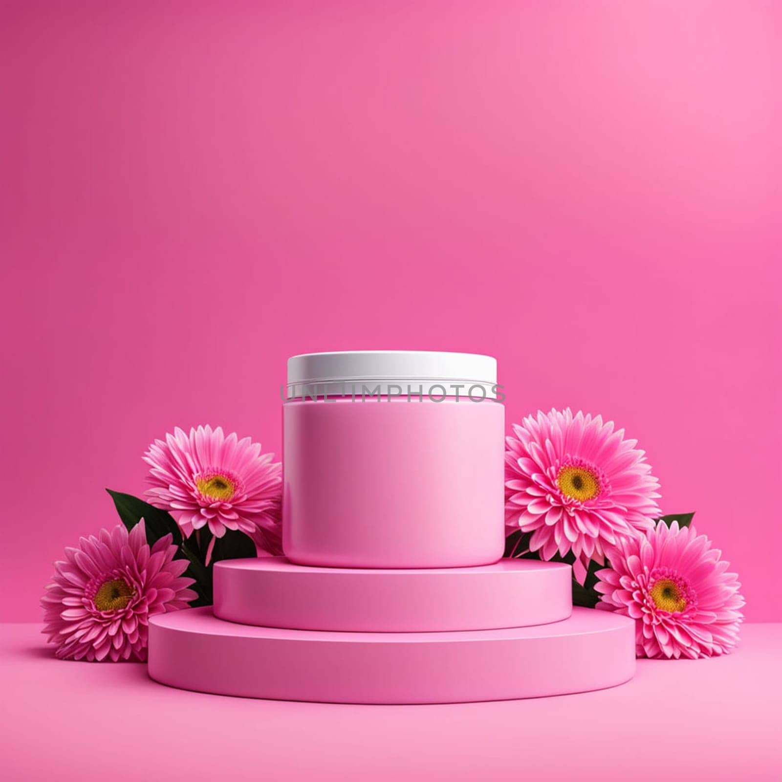 3D pink product podium display with pink flowers and pink background, cosmetics products mockup background,3D render illustration