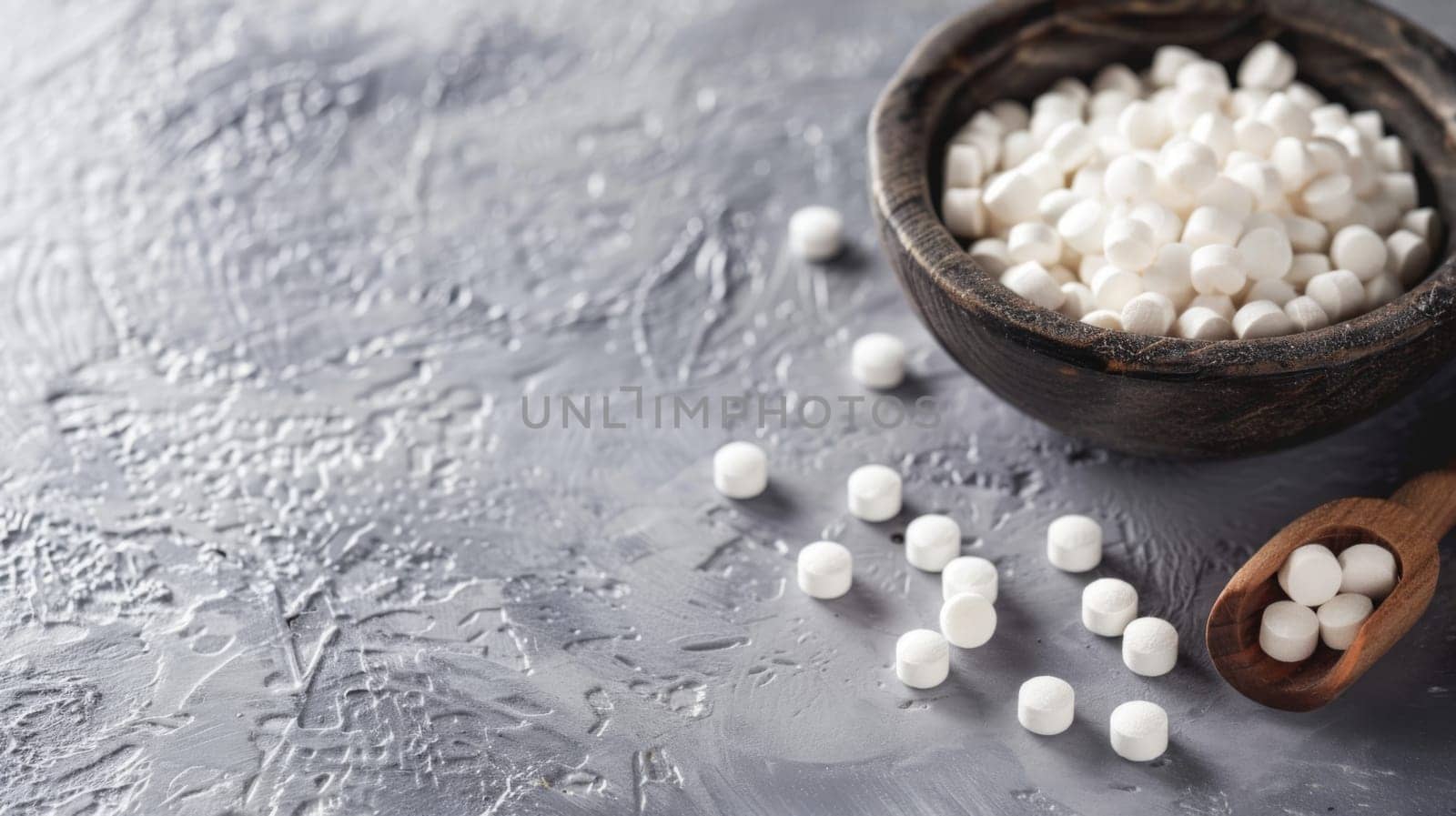 A bowl containing fluffy marshmallows is placed next to a wooden spoon on a surface. The contrast between the white marshmallows and the wooden spoon creates a visually appealing composition.