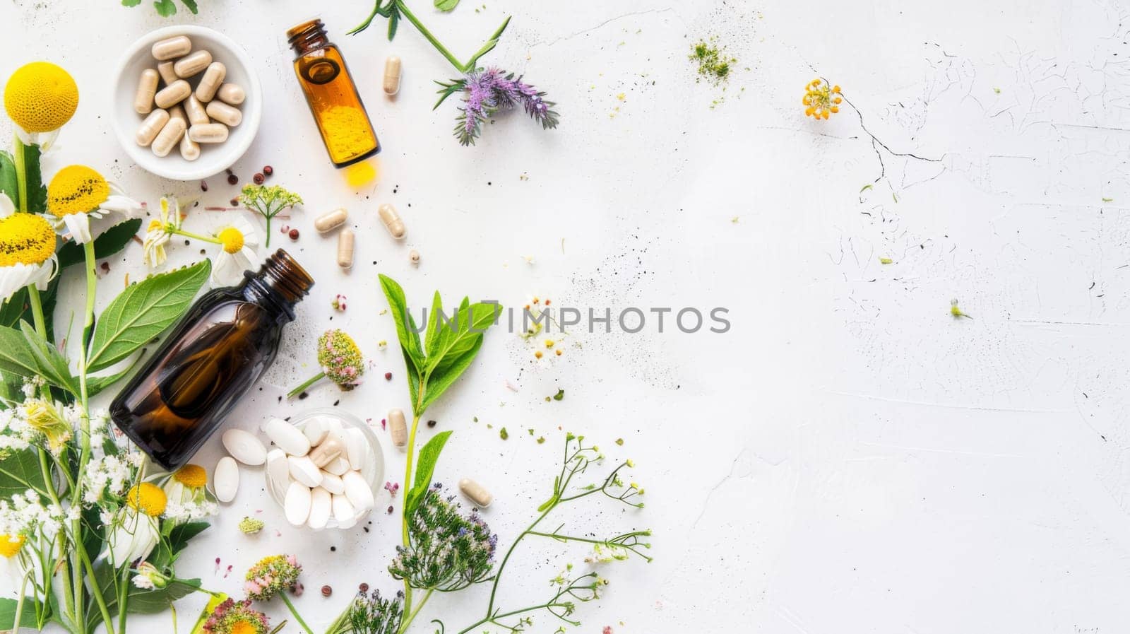 A clear glass bottle of essential oils sits among a variety of colorful flowers and herbs. The bottle is surrounded by lavender, rosemary, chamomile, and other botanicals commonly used in aromatherapy and herbal remedies.