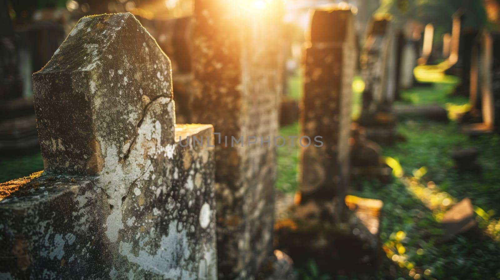 A close-up view of a cemetery with the sun shining through the headstones, illuminating the graveyard in a warm glow. The light creates dramatic shadows and highlights the weathered details of the tombstones.