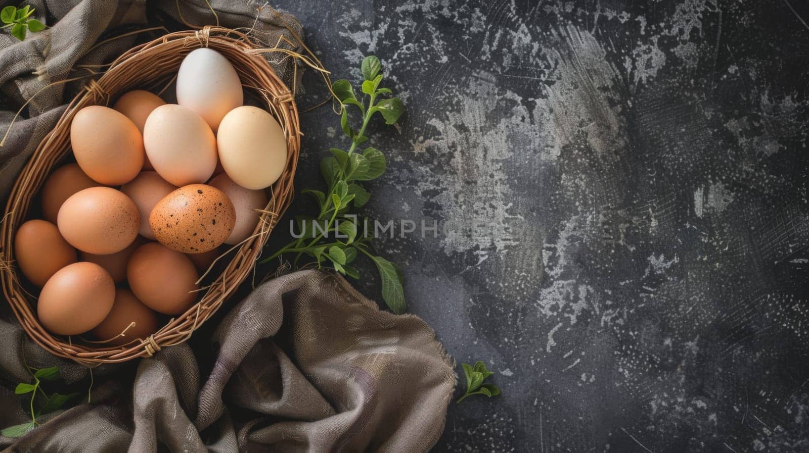 A wooden table holds a woven basket filled with fresh eggs. The eggs are neatly arranged in the basket, ready for use in cooking or baking.