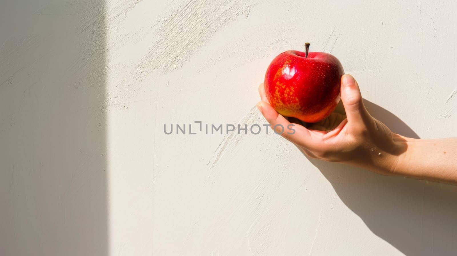 A persons hand is holding a ripe red apple firmly against a plain white wall. The hand appears to be steady, showcasing the contrast between the vibrant fruit and the stark background.