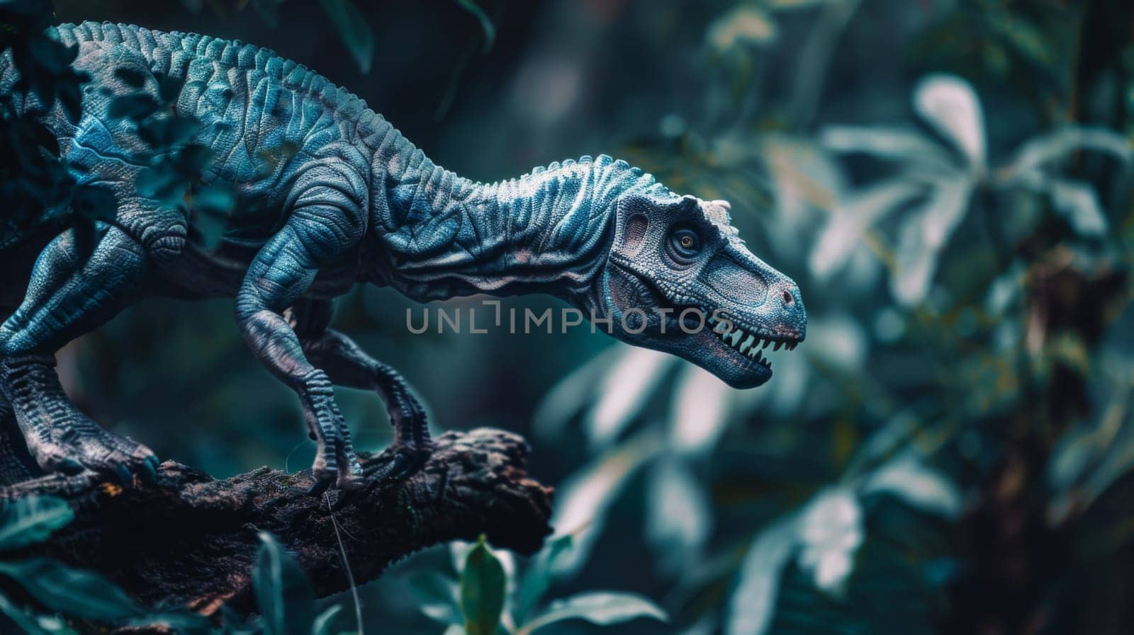 A toy dinosaur figurine is seen perched on a tree branch in a dense forest setting. The plastic dinosaur is positioned on the branch with its legs securely placed and its tail hanging down.
