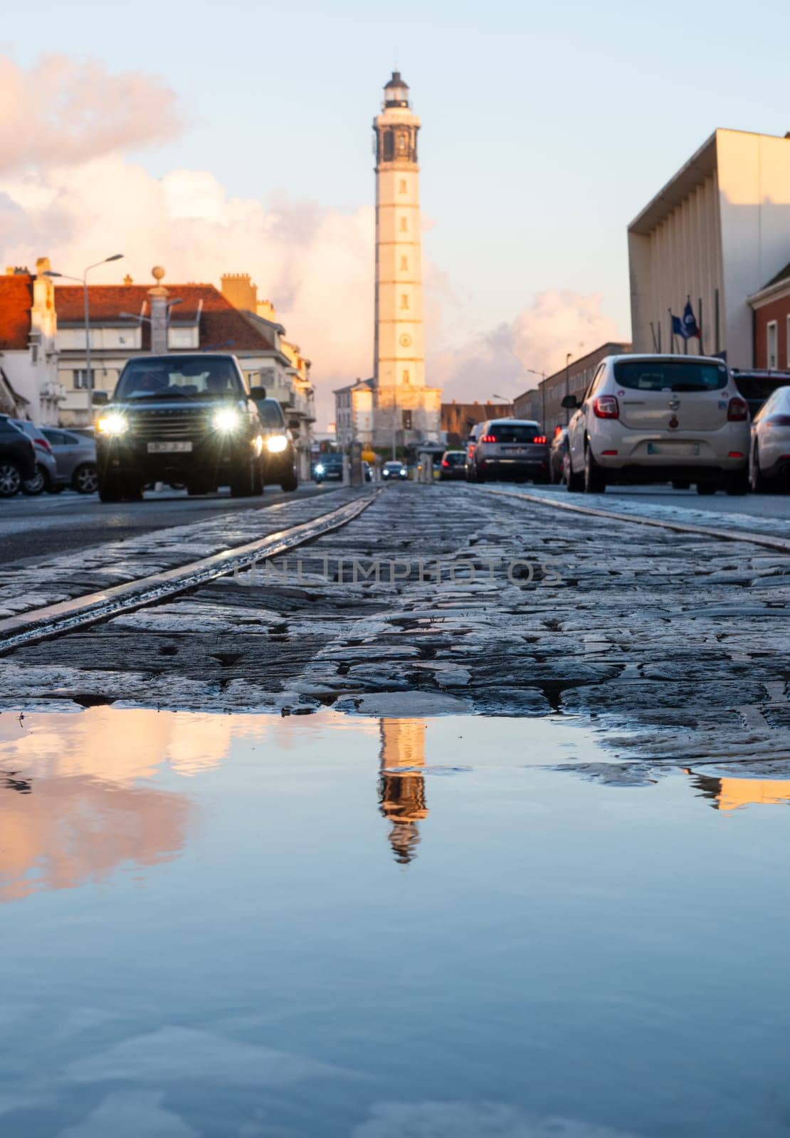 Calais, France - january 02 2023 : The lighthouse at the harbor of Calais viewed from the ground, north of France