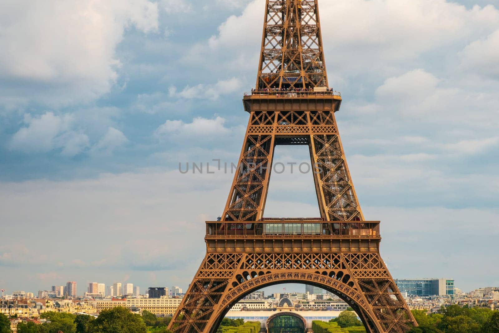 Paris, France - August 29 2023: The Eiffel tower seen from Trocadero in a cloudy day. Photography taken in Paris.