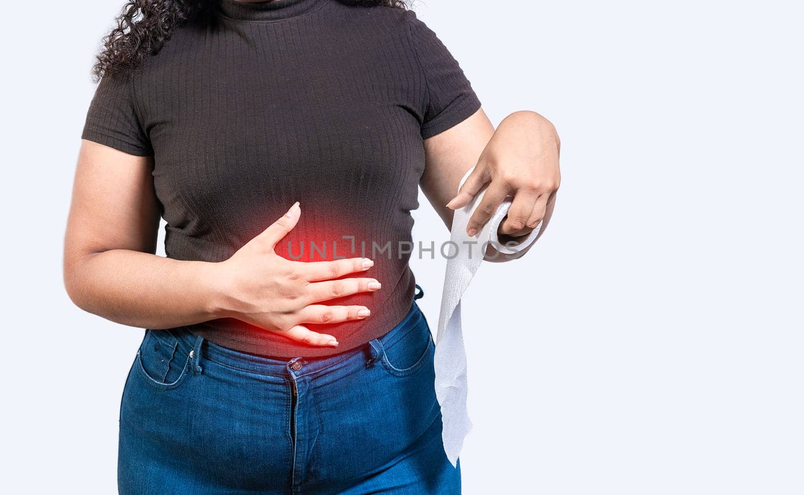 Woman with stomach problems holding roll of paper. Person with stomach pain holding paper roll isolated