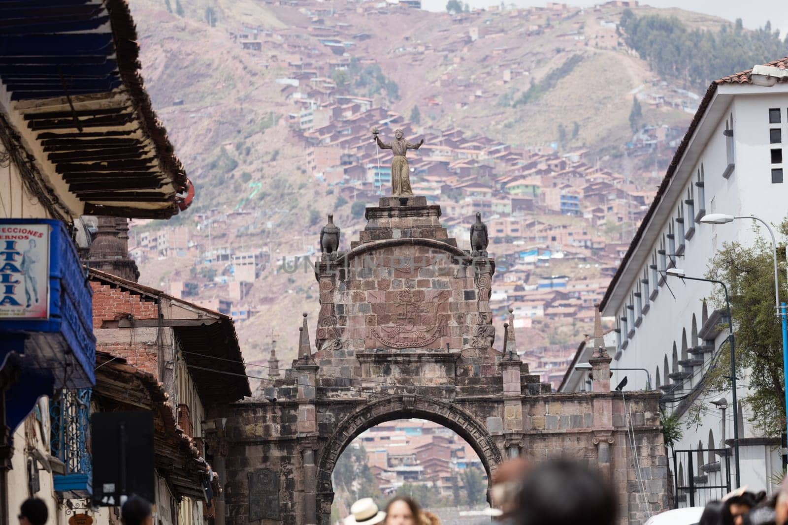 Street scene with a view over the rooftops of Cusco, Peru
