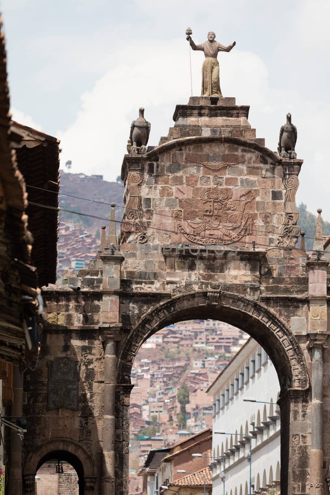 Street scene with a view over the rooftops of Cusco, Peru