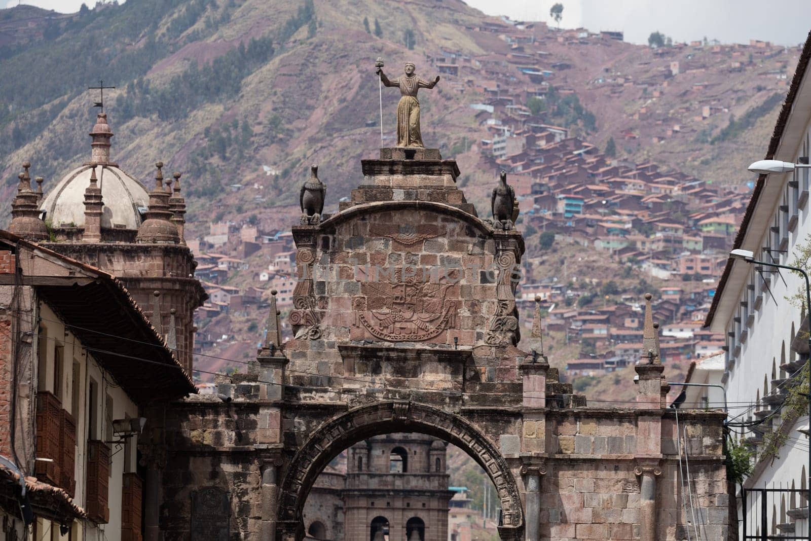 Street scene with a view over the rooftops of Cusco, Peru