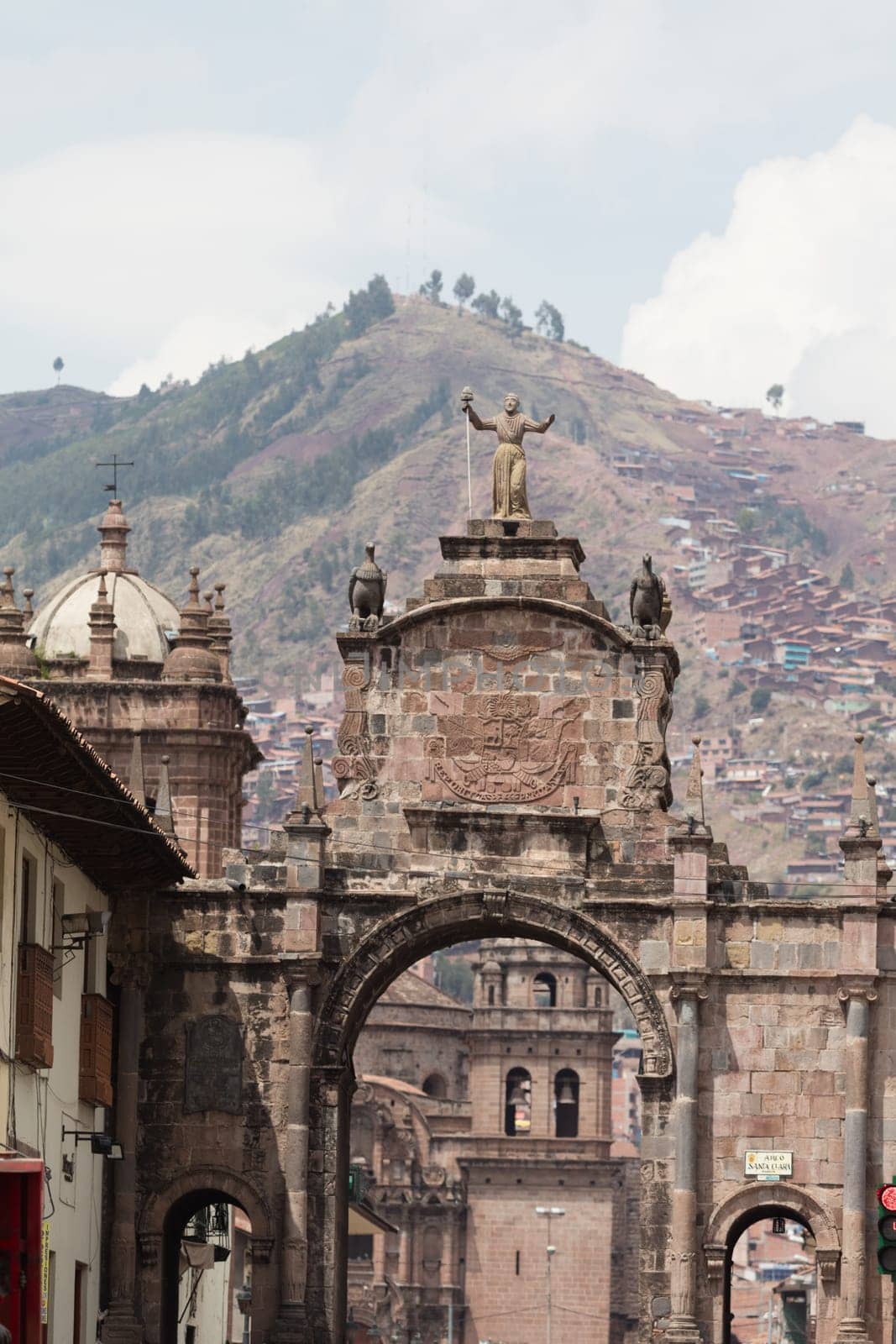 Street scene with a view over the rooftops of Cusco, Peru