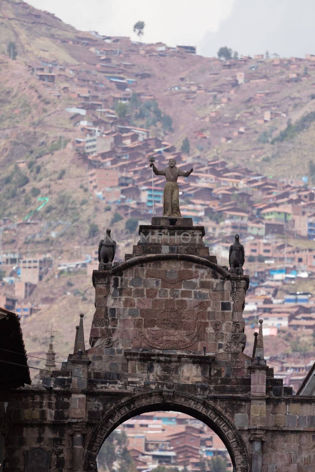 Street scene with a view over the rooftops of Cusco, Peru
