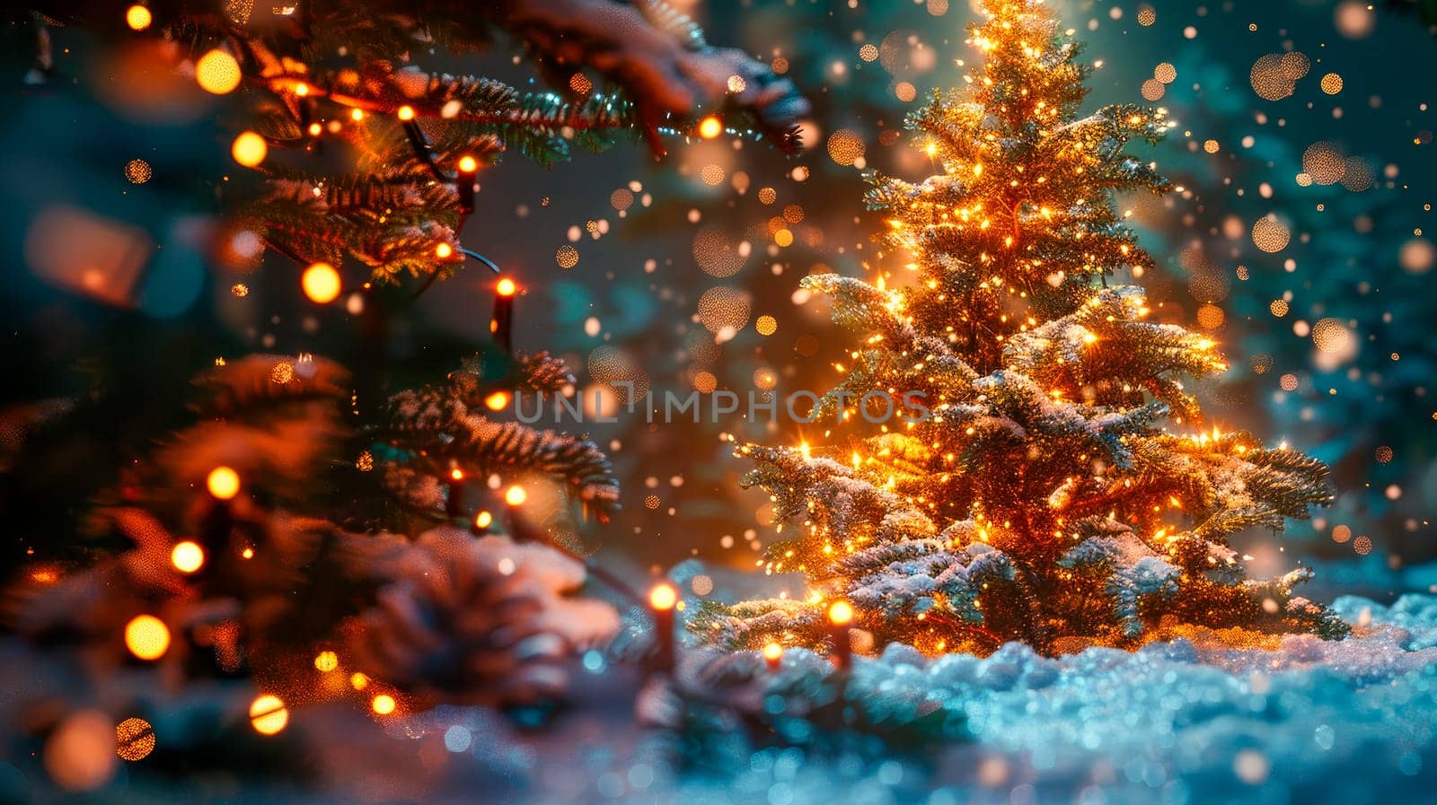 Closeup of Christmas tree background. Christmas lights hanging in a tree. AI generated