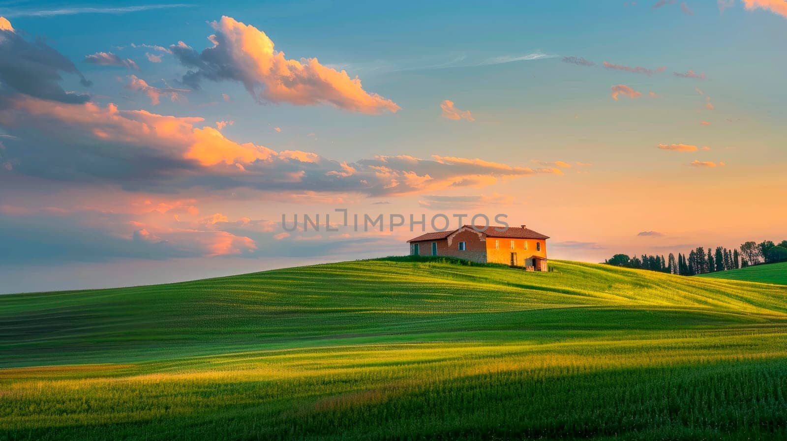 Picturesque landscape with an old house standing tall amidst a lush green landscape at evening. AI generated