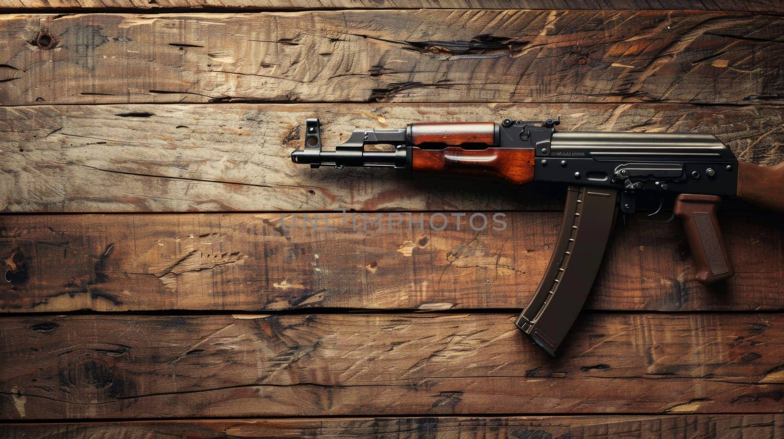 A rifle is securely mounted to a sturdy wooden wall. The weapon is displayed prominently, with the barrel pointing downwards and the stock facing outwards. The arrangement provides easy access to the firearm while keeping it safely stored.