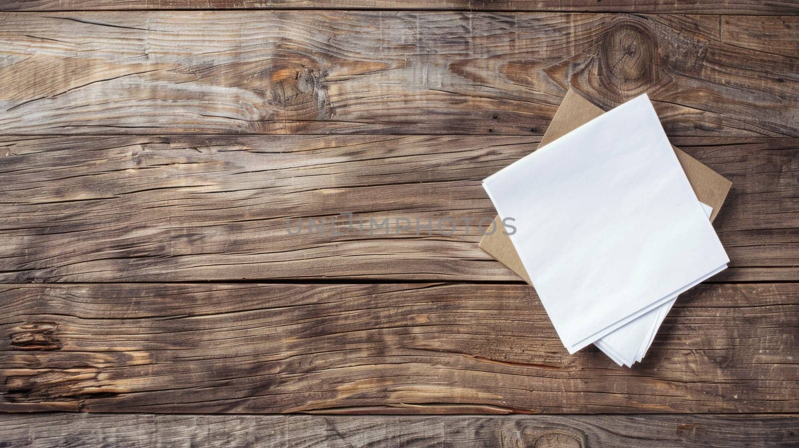 A white piece of paper rests neatly on a brown wooden table, creating a contrasting yet harmonious composition. The tables texture adds depth to the scene, emphasizing simplicity and functionality.